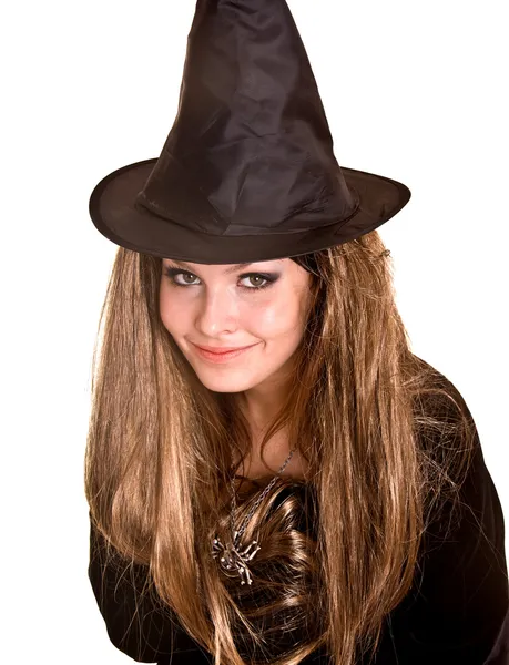 Ведьма в черном платье и шляпе . — стоковое фото