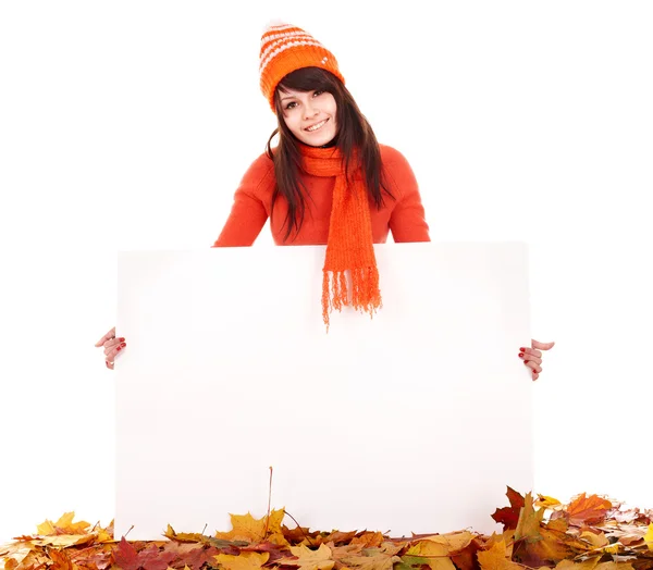 Girl in autumn orange sweater holding banner. — Stock Photo, Image