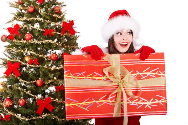 Christmas girl in santa holding gift box. — Stock Photo, Image