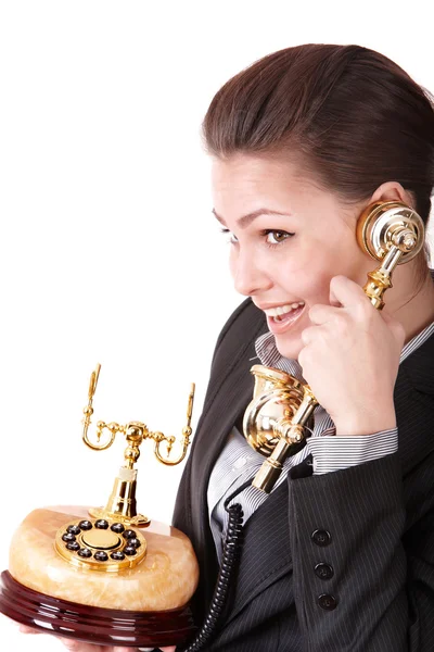 Donna d'affari felice con telefono dorato . — Foto Stock