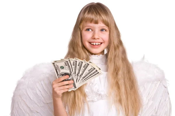 Dívka v kostýmu anděla s dolar peníze. — Stock fotografie