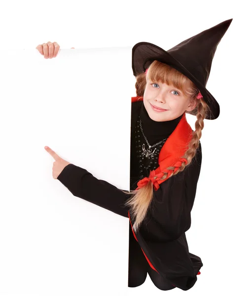 Dětská čarodějnička drží nápis směřující. — Stock fotografie