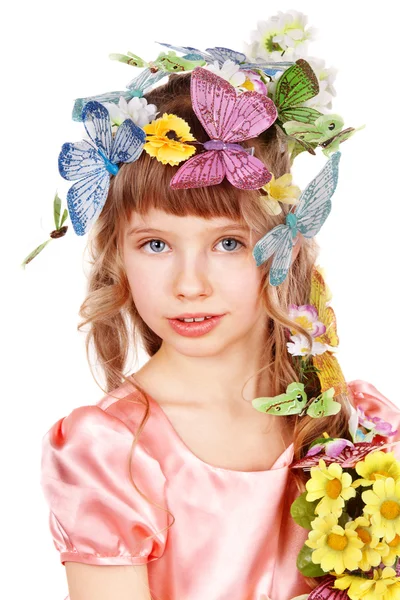 Vacker flicka med fjäril och blomma. — Stockfoto