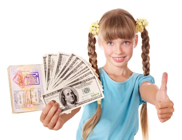 Child holding passport and money. — Stock Photo, Image