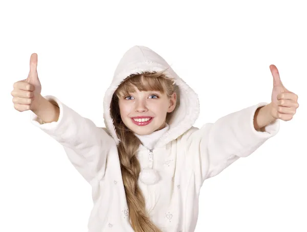 Young girl in winter jacket showing thumb up. — Stock Photo, Image