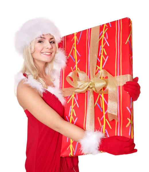 Κορίτσι σε santa καπέλο κρατώντας κουτί δώρου . — Φωτογραφία Αρχείου