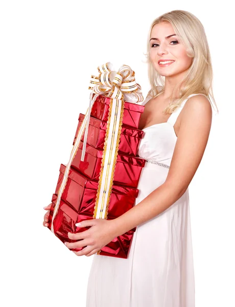Mädchen hält Stapel Geschenkbox .. — Stockfoto