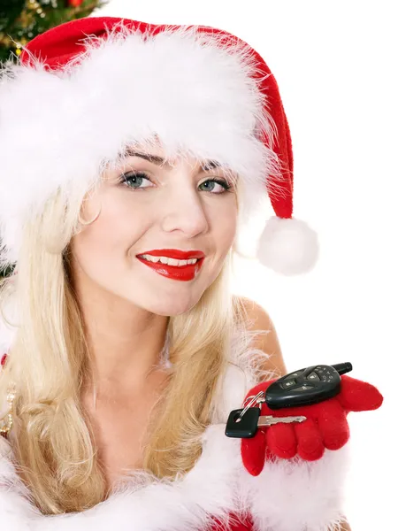 Christmas girl in santa hat holding auto keys. — Stock Photo, Image