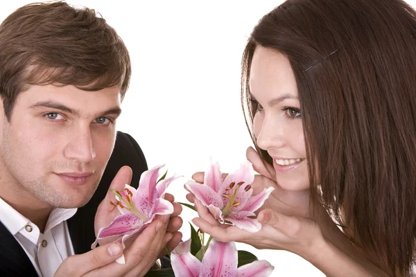 Dvě dívky a muže láska květina. — Stock fotografie