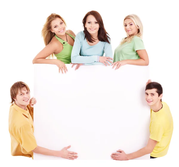 Group of happy holding banner. Stock Photo