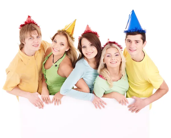 Group of in party hat holding banner. Stock Picture
