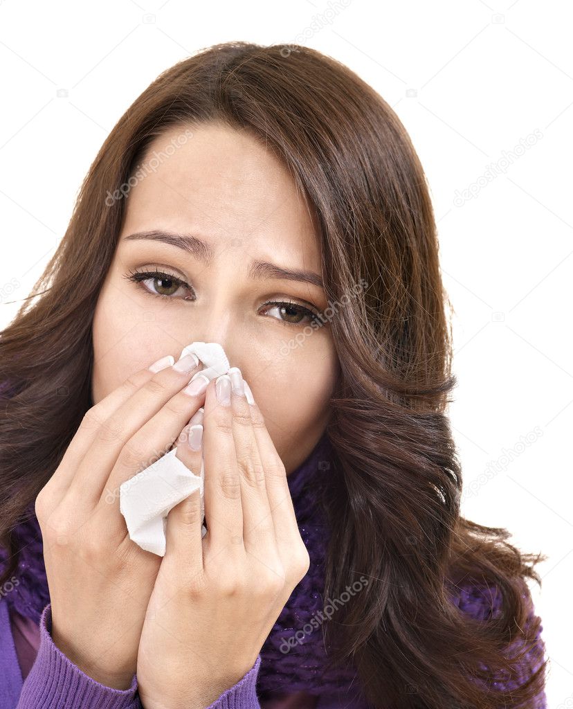Sick woman with handkerchief having cold.