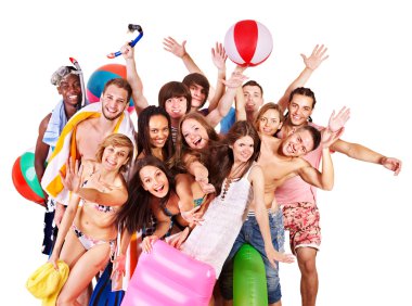 Group holding beach accessories. clipart