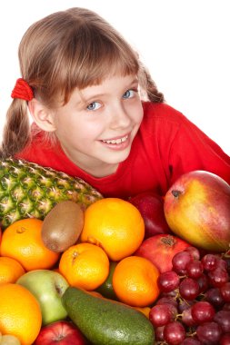 Child with group of fruit. clipart