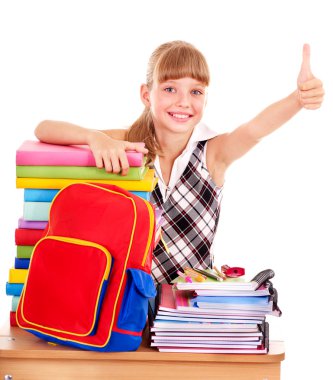 Child with stack of books and showing thumb up. clipart