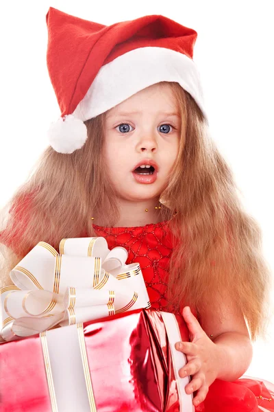 Child l in red dress with gift box. — Stock Photo, Image