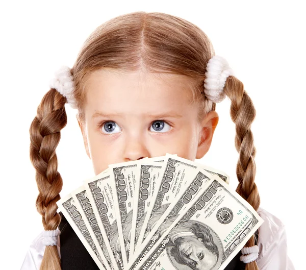 Criança triste com dinheiro dólar . — Fotografia de Stock