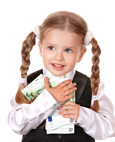 Glückliches kleines Mädchen mit Geld Euro. — Stockfoto