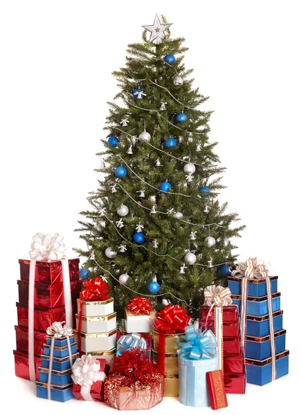 Christmas tree with silver ,blue ball, group gift box. — Stock Photo, Image