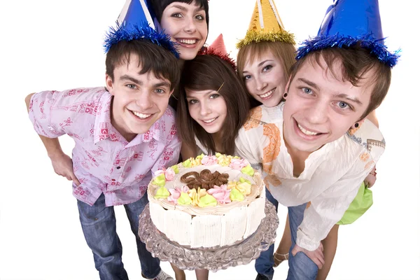 Tinédzserek egy csoportja Ünnepeld boldog születésnapot. — Stock Fotó