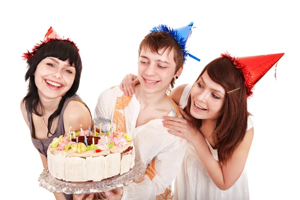 Grupp i partiet hatt med tårta. — Stockfoto