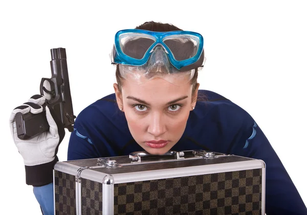 Girl in goggles and gun. — Stock Photo, Image