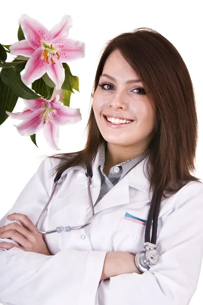 Doutor com estetoscópio e flor . — Fotografia de Stock