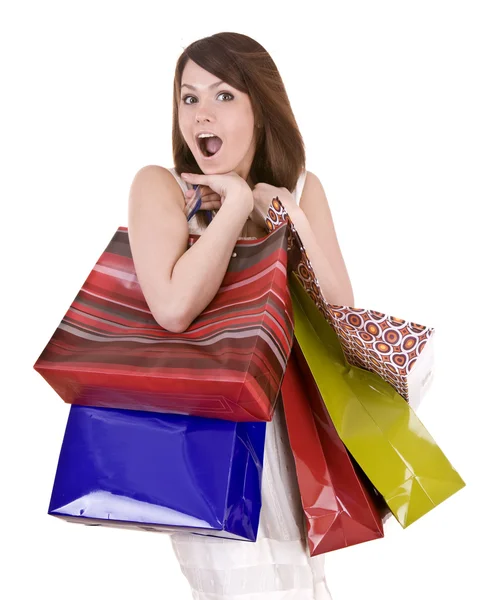 Emoce dívka s nákupní taška. — Stockfoto