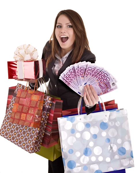 Mujer de negocios con dinero, regalo, caja y bolsa . — Foto de Stock
