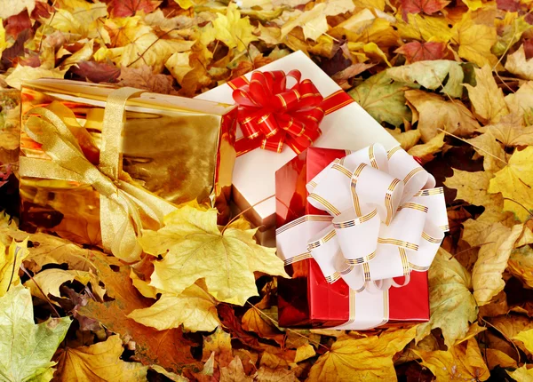 Höstens Stilleben med gruppen presentförpackning. — Stockfoto