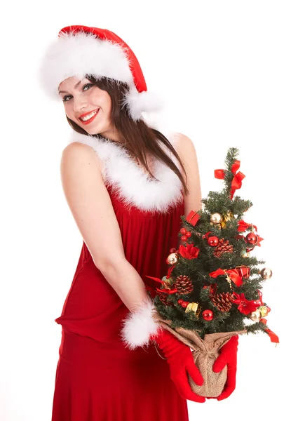 Chica de Navidad en sombrero de santa con pequeño árbol en la mano . —  Fotos de Stock