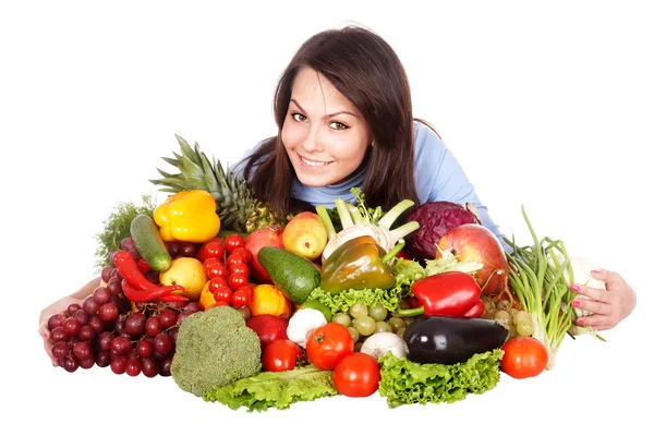 Девушка с группой фруктов и овощей . — стоковое фото