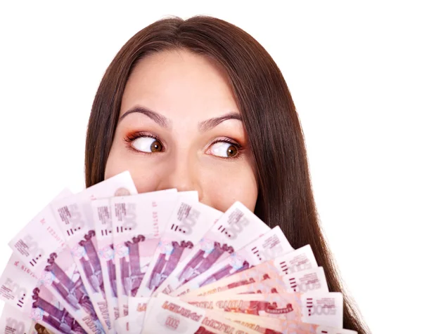 Mulher com dinheiro .rublo russo . — Fotografia de Stock