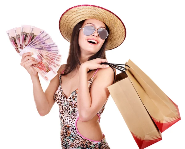 Mujer con dinero y bolso de compras. — Stockfoto