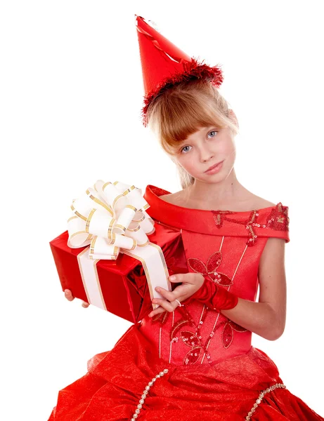 Birthday child girl in red dress with gift box. — Stock Photo, Image