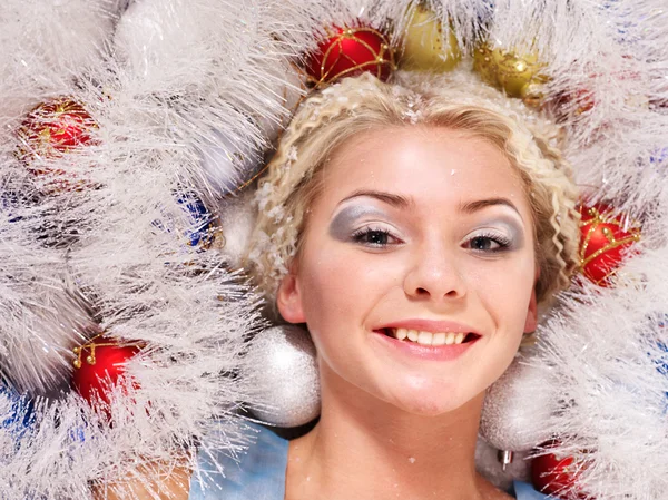 Young woman in christmas balls. — Stock Photo, Image