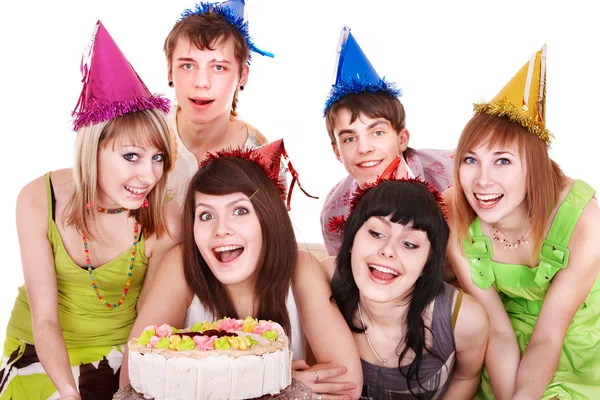 Group of happy young with cake. Stock Picture