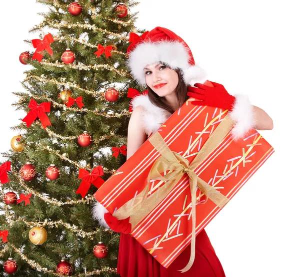 Natal menina em santa segurando caixa de presente . — Fotografia de Stock