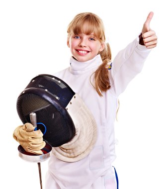 Child in fencing costume holding epee . clipart