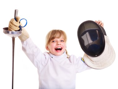 Child in fencing costume holding epee. clipart