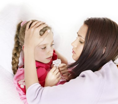 Sick child with mother. Isolated. clipart