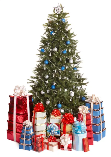 Christmas tree with silver ,blue ball, group gift box. — Stock Photo, Image