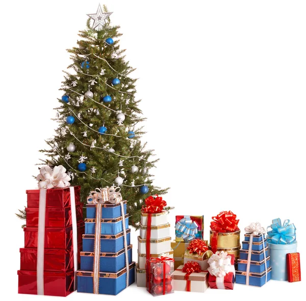 Christmas tree silver and blue, group gift box, copy space. — Stock Photo, Image