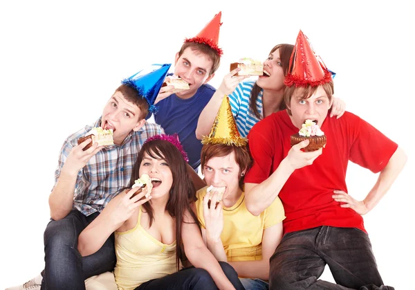 Group of happy young with cake. — Stock Photo, Image
