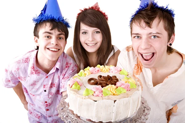 O grupo de adolescentes celebra o aniversário feliz . — Fotografia de Stock