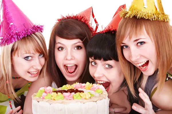 Group of happy young with cake. — Stock Photo, Image
