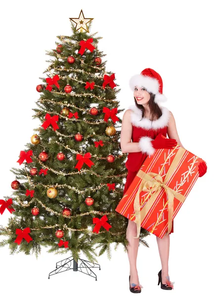 Christmas flicka i santa hålla presentförpackning. — Stockfoto