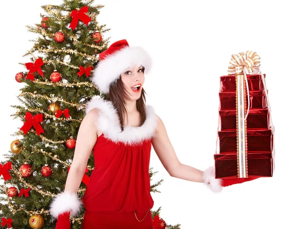 Christmas girl in santa holding stack gift box. — Stock Photo, Image