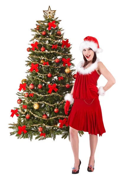 Navidad chica en santa hat holding stack caja de regalo . — Foto de Stock