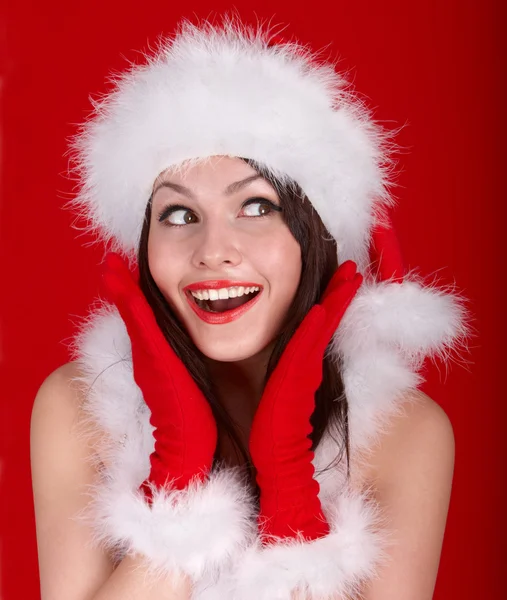 Christmas girl in red santa hat. — Stock Photo, Image